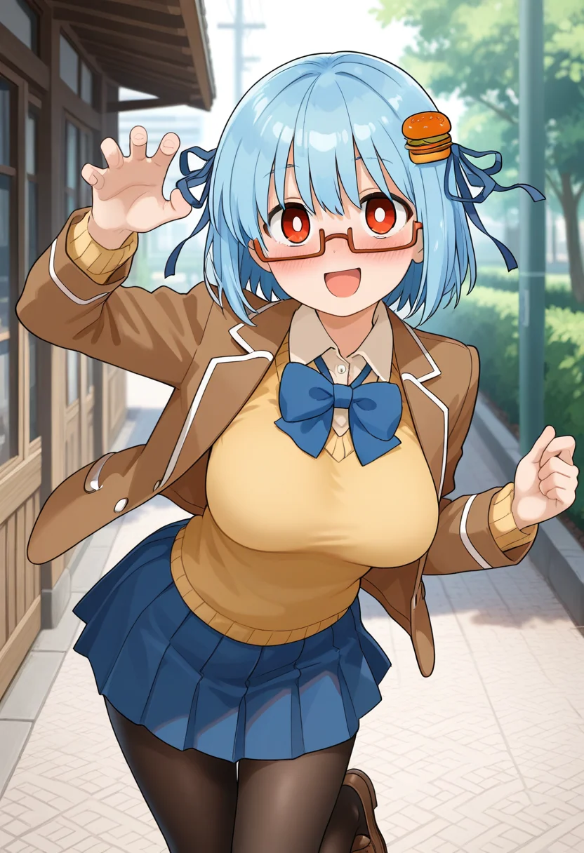 hamburger-chan_(hundredburger), food-themed hair ornament, blue hair ribbon, red eyes, blue hair, short hair, bangs, white pupils, glasses, semi-rimless eyewear, under-rim eyewear, red-framed eyewear, breasts,rectangular eyewear,
blue bowtie, school uniform, brown jacket, yellow sweater, blue pleated skirt, pantyhose, loafers,
 <lora:hamburger-chan_(hundredburger)_Illustrious-XL_2.0_v1:1>, masterpiece,best quality,amazing quality, solo,1girl,, standing, (dynamic pose) , blush,
looking at viewer,cowboy shot,open mouth,light smile, 
(outdoors,  )