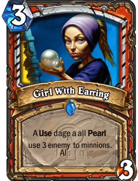 3 A ((Girl with a pearl earring by vermeer)) spell use: do 3 damage to all enemy minions Hearthstone Card <lora:SDXL-HearthstoneCard-Lora:0.8>
