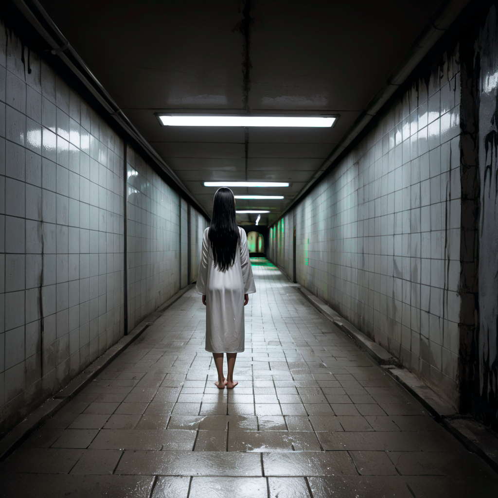best quality, very aesthetic, absurdres,
Girl standing in the distance
[realistic::0.5]
(yamamura sadako:1.3),black hair,black eyes,),very long hair,straight hair,hair over one eye, long bangs,expressionless,(gray skin:1.2), standing, skinny, (white spooky dress:1.3), simple dress, long sleeves, barefoot, 
scenery, perspective, night, wet concrete wall, underpass background, blurry background, (small puddle,reflection:0.1), (dark:1.8), (horror \(theme\):1.2), drop shadow, (Yellow fluorescent light)
<lora:Fixhands_anime_bdsqlsz_V1:1>, zPDXLrl ,<lora:Underpass:0:0.8>