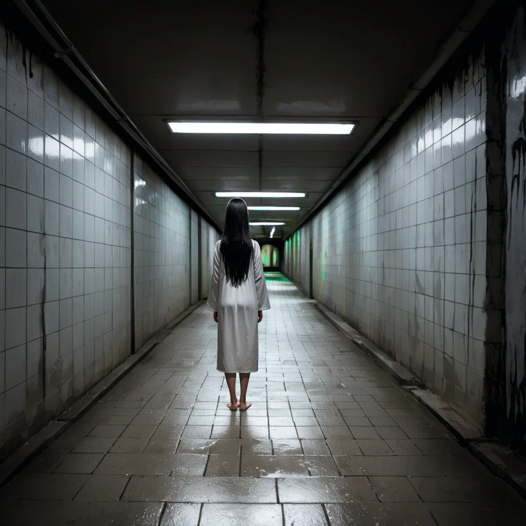 best quality, very aesthetic, absurdres,
Girl standing in the distance
[realistic::0.5]
(yamamura sadako:1.3),black hair,black eyes,),very long hair,straight hair,hair over one eye, long bangs,expressionless,(gray skin:1.2), standing, skinny, (white spooky dress:1.3), simple dress, long sleeves, barefoot, 
scenery, perspective, night, wet concrete wall, underpass background, blurry background, (small puddle,reflection:0.1), (dark:1.8), (horror \(theme\):1.2), drop shadow, (Yellow fluorescent light)
<lora:Fixhands_anime_bdsqlsz_V1:1>, zPDXLrl ,<lora:Underpass:0:0.8>