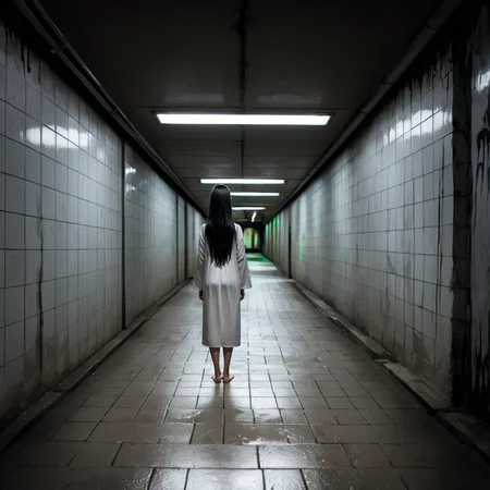 best quality, very aesthetic, absurdres,
Girl standing in the distance
[realistic::0.5]
(yamamura sadako:1.3),black hair,black eyes,),very long hair,straight hair,hair over one eye, long bangs,expressionless,(gray skin:1.2), standing, skinny, (white spooky dress:1.3), simple dress, long sleeves, barefoot, 
scenery, perspective, night, wet concrete wall, underpass background, blurry background, (small puddle,reflection:0.1), (dark:1.8), (horror \(theme\):1.2), drop shadow, (Yellow fluorescent light)
<lora:Fixhands_anime_bdsqlsz_V1:1>, zPDXLrl ,<lora:Underpass:0:0.8>