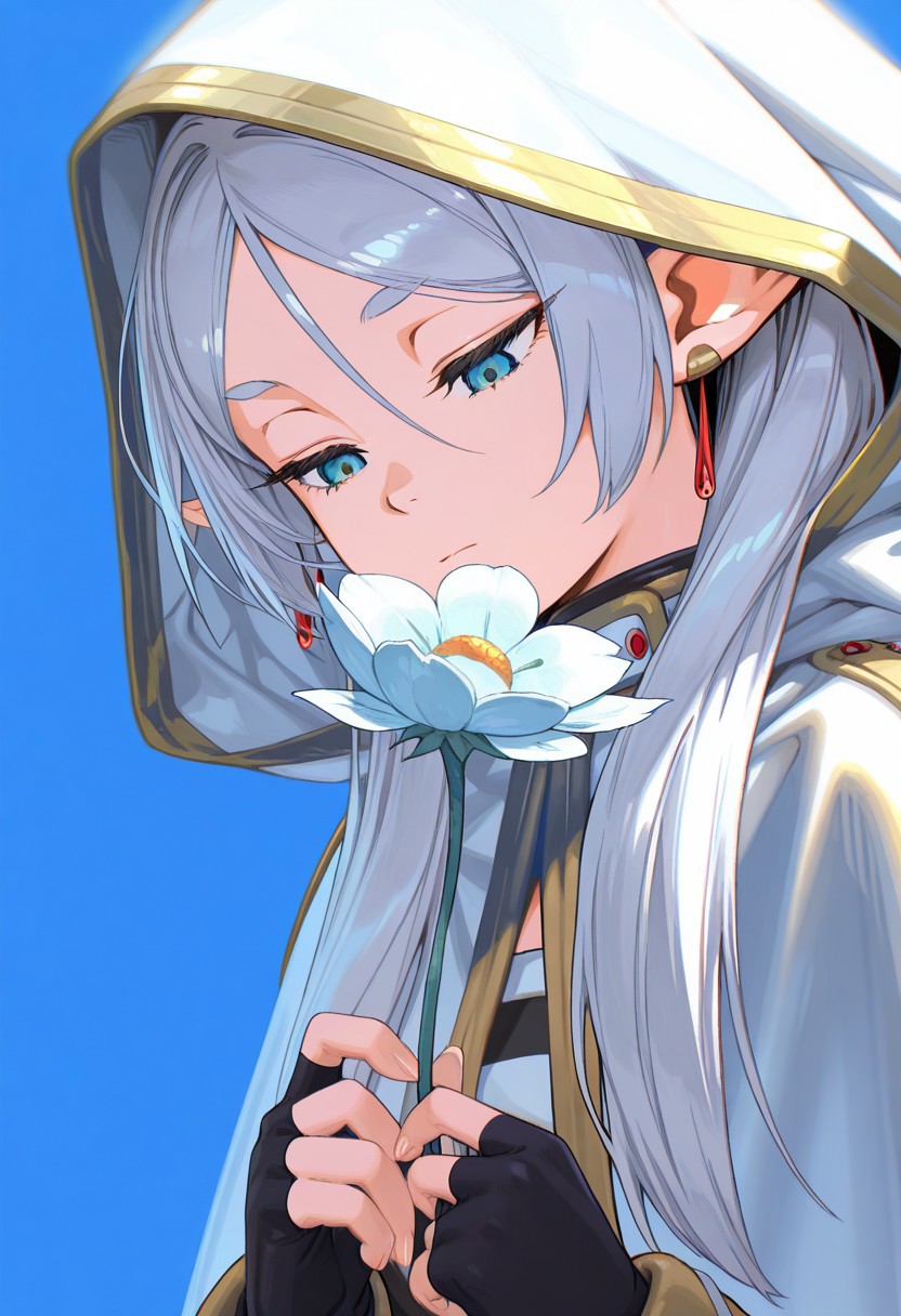 WALLPPR_ST, masterpiece, best quality, very aesthetic, high resolution, ultra-detailed, absurdres, newest, detailed eyes, beautiful, perfect lighting, hi res, amazing quality, very awa, painting_(artwork), dynamic angle, dynamic pose, WALLPPR_ST, 1girl, female focus, frieren, white/ grey hair, pointy ears, upper body, hood up, holding flower, bangs, long hair, hooded cape, white flower, closed mouth, blue background, half-closed eyes, hair between eyes, blue eyes, simple background, looking down, fingerless gloves