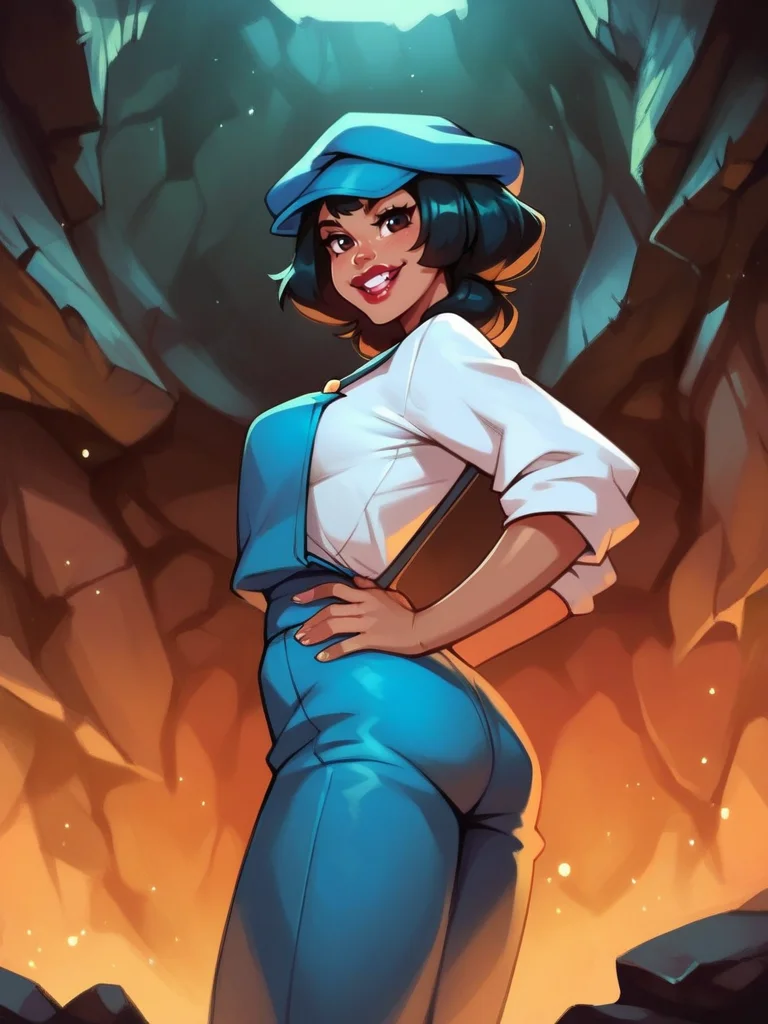 score_9, score_8_up, score_7_up, 1girl, leaning forward, v, hands on hips, cavern, rocks, leaning forward, cute pose, looking at viewer, light smile, from side, from below,
<lora:AudreyRocio_character:0.85>, AudreyXLP, black hair, short hair, hat, blue overalls, white shirt, lipstick, dark skin, cartoon,