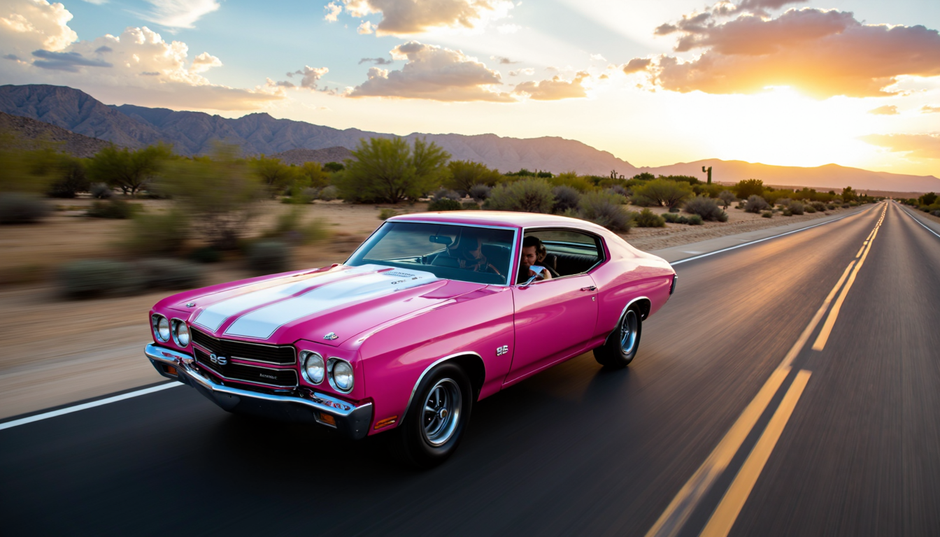 1970chevelless in motion, pink with white rally stripes, man driving, racing along a desert highway, cacti, shrubs, coyote, sunset, clouds at dusk,
motion blur, action lines, long exposure, selective focus, intentional blurring,
extremely detailed, sharp focus, sharp