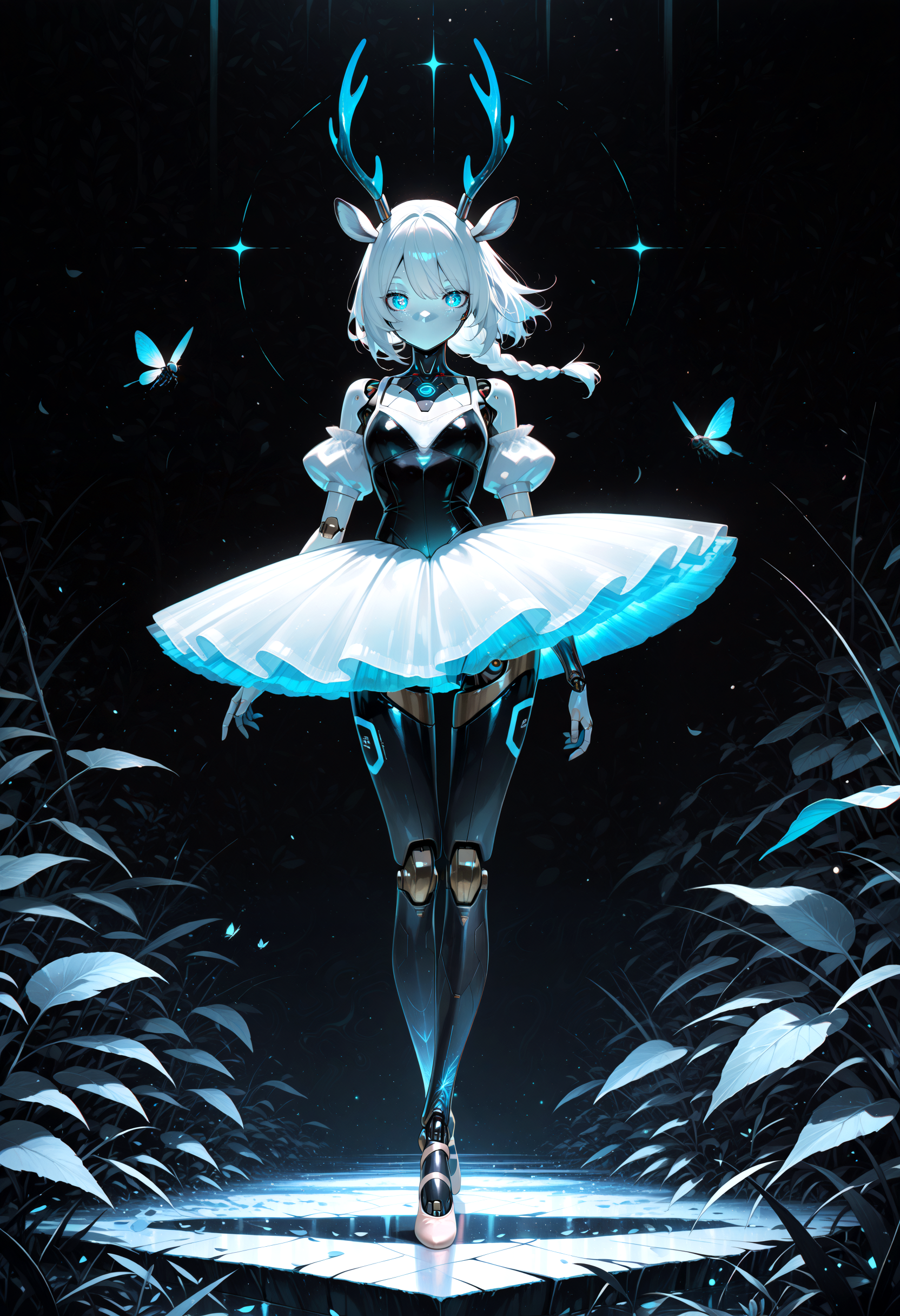 lazympos, adult,
1girl, newest,absurdres,incredibly absurdres, very aesthetic,
 solo, blue eyes, skirt, dress, animal ears, bare shoulders, standing, full body, braid, short sleeves, horns, detached sleeves, puffy sleeves, colored skin, glowing, leaf, bug, robot, light particles, glowing eyes, antlers, joints, no mouth, robot joints, mechanical parts, mechanical legs, deer ears, humanoid robot, ballerina, ballet slippers, robot girl, ballet, deer antlers, tutu, deer girl, looking at viewer, limited palette, sketch, glowing, psychedelic, black theme