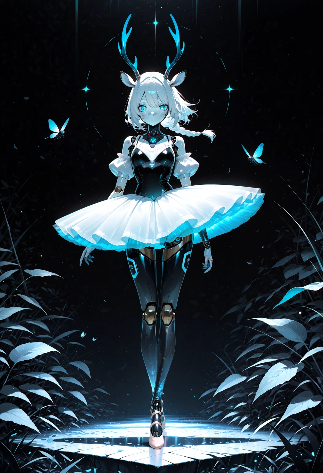 lazympos, adult,
1girl, newest,absurdres,incredibly absurdres, very aesthetic,
solo, blue eyes, skirt, dress, animal ears, bare shoulders, standing, full body, braid, short sleeves, horns, detached sleeves, puffy sleeves, colored skin, glowing, leaf, bug, robot, light particles, glowing eyes, antlers, joints, no mouth, robot joints, mechanical parts, mechanical legs, deer ears, humanoid robot, ballerina, ballet slippers, robot girl, ballet, deer antlers, tutu, deer girl, looking at viewer, limited palette, sketch, glowing, psychedelic, black theme