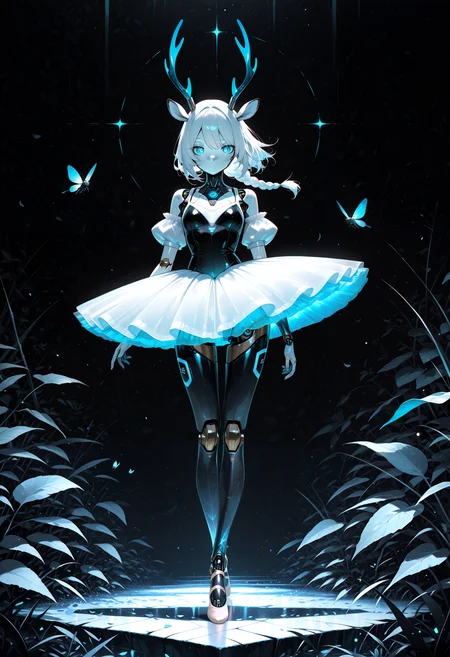 lazympos, adult,
1girl, newest,absurdres,incredibly absurdres, very aesthetic,
 solo, blue eyes, skirt, dress, animal ears, bare shoulders, standing, full body, braid, short sleeves, horns, detached sleeves, puffy sleeves, colored skin, glowing, leaf, bug, robot, light particles, glowing eyes, antlers, joints, no mouth, robot joints, mechanical parts, mechanical legs, deer ears, humanoid robot, ballerina, ballet slippers, robot girl, ballet, deer antlers, tutu, deer girl, looking at viewer, limited palette, sketch, glowing, psychedelic, black theme