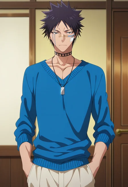 masterpiece, best quality, , anime screencap, , , , 1boy, solo, male focus, <lora:shuuhei_hisagi_ilxl:1>, shuuhei_hisagi, black hair, black eyes, short hair, spiked hair, tattoo, facial mark, bandaid on nose, scar on face, , , , Linen-cotton trousers, Paisley Polyester SteelBlue Mock neck sweater, , , Necklace and and