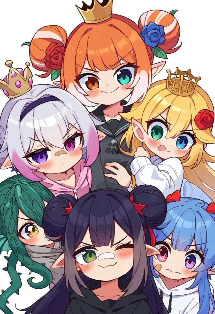score_9, score_8_up, score_7_up, source_anime, :3virtual youtuber, finana ryugu, elira pendora, 6+girls, pomu rainpuff, selen tatsuki, multiple girls, fish girl, heterochromia, head fins, black hair, head wings, fish hair ornament, smile, multicolored hair, hair bun, purple hair, grey hair, headphones, hood, streaked hair, red flower, blonde hair, hair flower, hair over one eye, green hair, pink hair, double bun, bangs, crown, twin braids, short sidetail, blue hair, braid, thorns, pointy ears, white hoodie, one eye covered, bandaid on face, bandaid on nose, hair behind ear, red jacket, red rose, white background, orange hair, v-shaped eyebrows, looking at viewer, animal ears, hairband, pink jacket, black sweater, hair ribbon, brown hair, pink hoodie, collarbone, plant, portrait, vines, grey hoodie, black shirt, sailor collar, black hoodie, :3