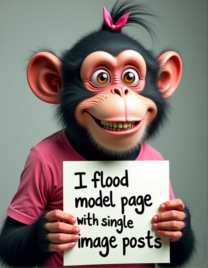caricature of incredibly silly smiling monkey with huge eyes and rabbit teeth wearing pink shirt , on top of the head hair pinned with ribbon , holding sigh with text "I flood model page with single image posts" written with black ink