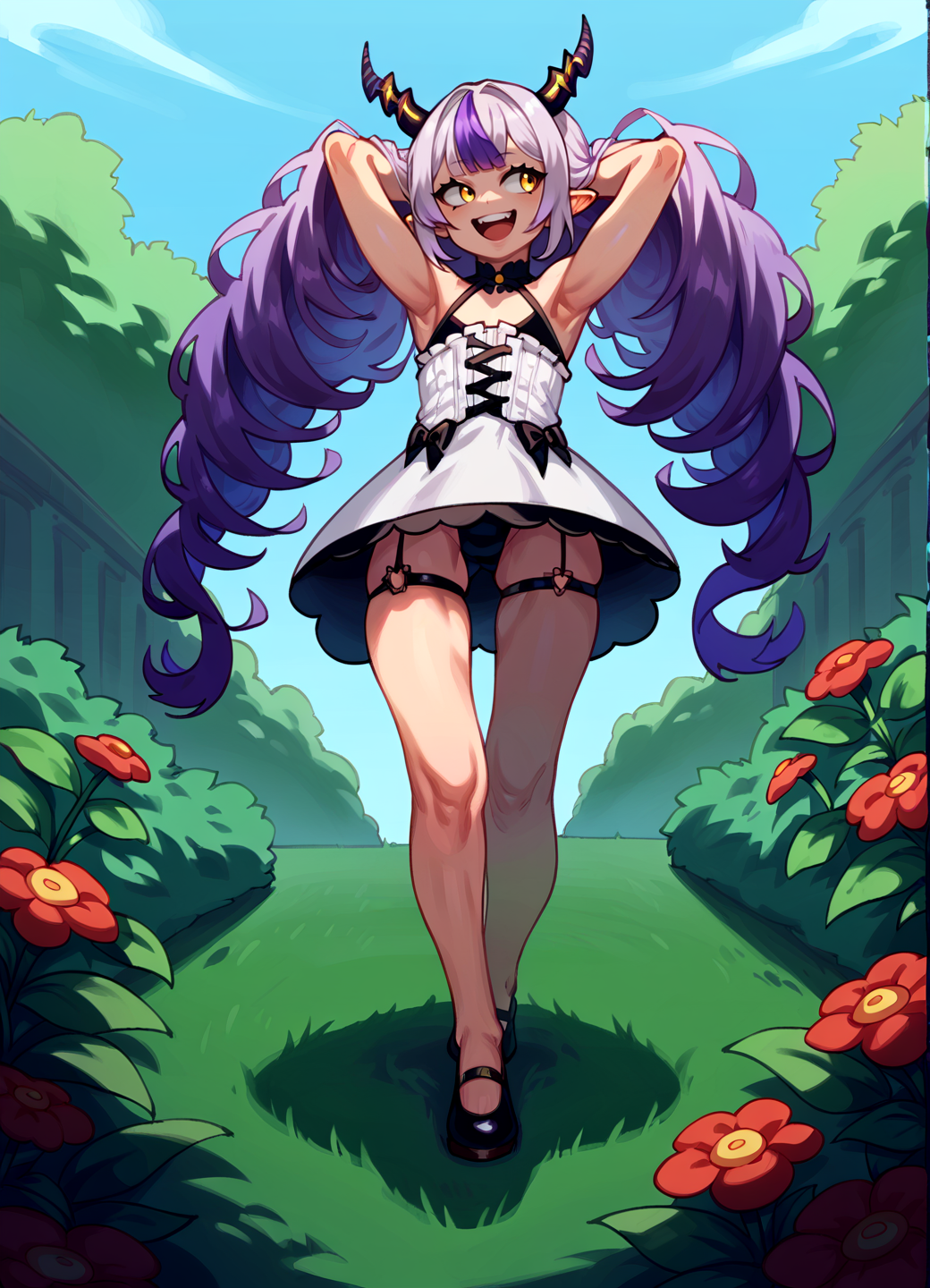 score_9, score_8_up, score_7_up, score_6_up, from below, standing, full body, arms behind head, outdoors, victorian mansion, garden, flowers, bushes
BREAK
solo, 1girl, la+ darknesss, hololive, horns, very long hair, purple hair, streaked hair, yellow eyes, pointy ears, happy, looking away, flat chest, (plump:0.8),
tight revealing dress, microdress
<lora:eigakaPony_locon_e16:1>
