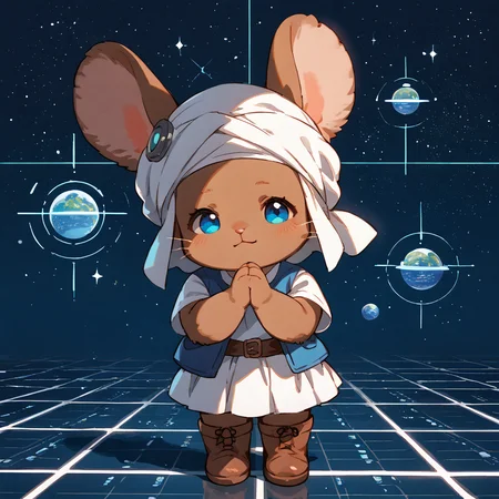 <lora:Final_Fantasy_-_Loporrit:1> loporrit, lagomorph, yokozuwari, white turban, blue vest, white shirt, short white skirt, brown boots, tiled floor, blue background, spaceship background, (chibi:0.8), cute, (chubby cheeks:0.5), <lora:StS_PonyXL_Detail_Slider_v1.4_iteration_3:4>, score_9, score_8_up, score_7_up, source_furry