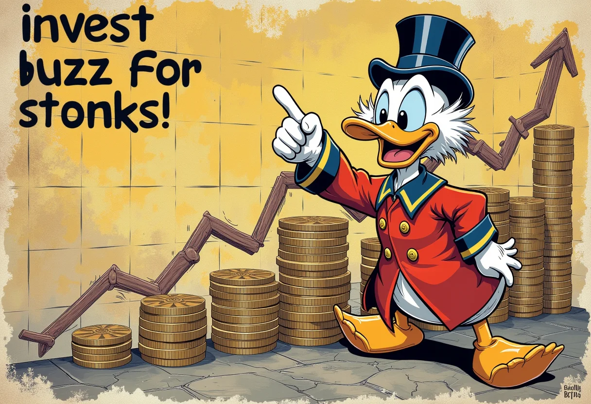 realistic, Scrooge McDuck, graph showing going up, text that says "invest buzz for stonks!" <lora:03ad2c7f-95b7-4865-a182-5d836919cabe.TA_trained:0.5> <lora:aidmaPsychadelicChaosWorld-FLUX-v0.1:0.7>