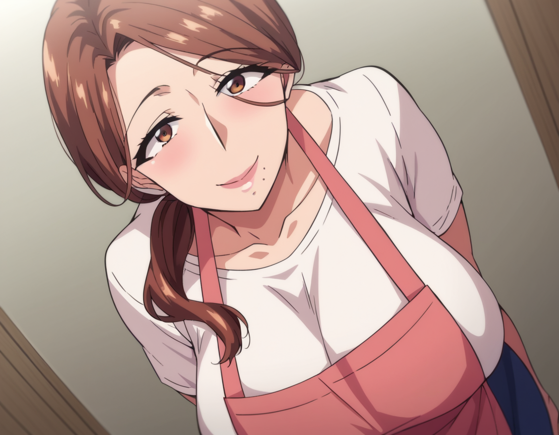 score_9, score_8_up, score_7_up, source_anime,
yumikokimura, <lora:yumiko-kimura-ova-ponyxl-lora-nochekaiser:1>,
yumiko kimura, long hair, brown eyes, mole, huge breasts, mole under mouth, mature female,
skirt, brown hair, apron, shirt, white shirt, pink apron, blue skirt, ponytail, hair over shoulder,
indoors, bent over, smile,
cowboy shot, looking at viewer, solo, dutch angle,