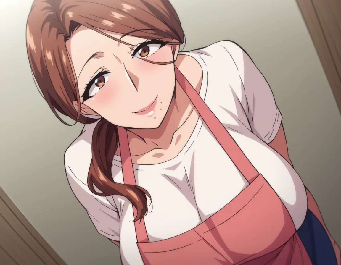 score_9, score_8_up, score_7_up, source_anime,
yumikokimura, <lora:yumiko-kimura-ova-ponyxl-lora-nochekaiser:1>,
yumiko kimura, long hair, brown eyes, mole, huge breasts, mole under mouth, mature female,
skirt, brown hair, apron, shirt, white shirt, pink apron, blue skirt, ponytail, hair over shoulder,
indoors, bent over, smile,
cowboy shot, looking at viewer, solo, dutch angle,