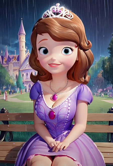 score_up_8, score_up_9, 1girl, violet dress, mini dress, sofia_the_first, tiara, necklace, brown hair, large breasts,background near castle, rain, night sky, at park, sitting on bench, looking at viewer, huge cleavage, seducative smile, sex provocation