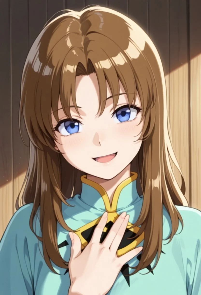 masterpiece,best quality,amazing quality, yakumo tatsuro, long hair, brown hair, blue eyes, 1girl, solo, smile, looking at viewer, open mouth, hand on own chest, upper body