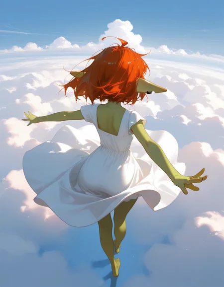 dino \(dinoartforame\), sho \(sho lwlw\), ask \(askzy\), ame929, anna \(drw01\), dokuro deluxe, 1girl, solo, outstretched arms, cloud, spread arms, sky, from behind, from above, facing away, shadow, cloudy sky, barefoot, short sleeves, sundress, floating hair, floating clothes, above clouds, (masterpiece, best quality, ultra-detailed, absurdres, newest, detailed textures, correct anatomy, very aesthetic:1), <lora:goblin:0.7>, goblin, short stature, shortstack, long pointed ears, big eyes, torn ears, single fang out, earclip, giant ears, colored skin, green skin, freckles, red hair, messy hair, ahoge, yellow eyes, wide hips, small breasts