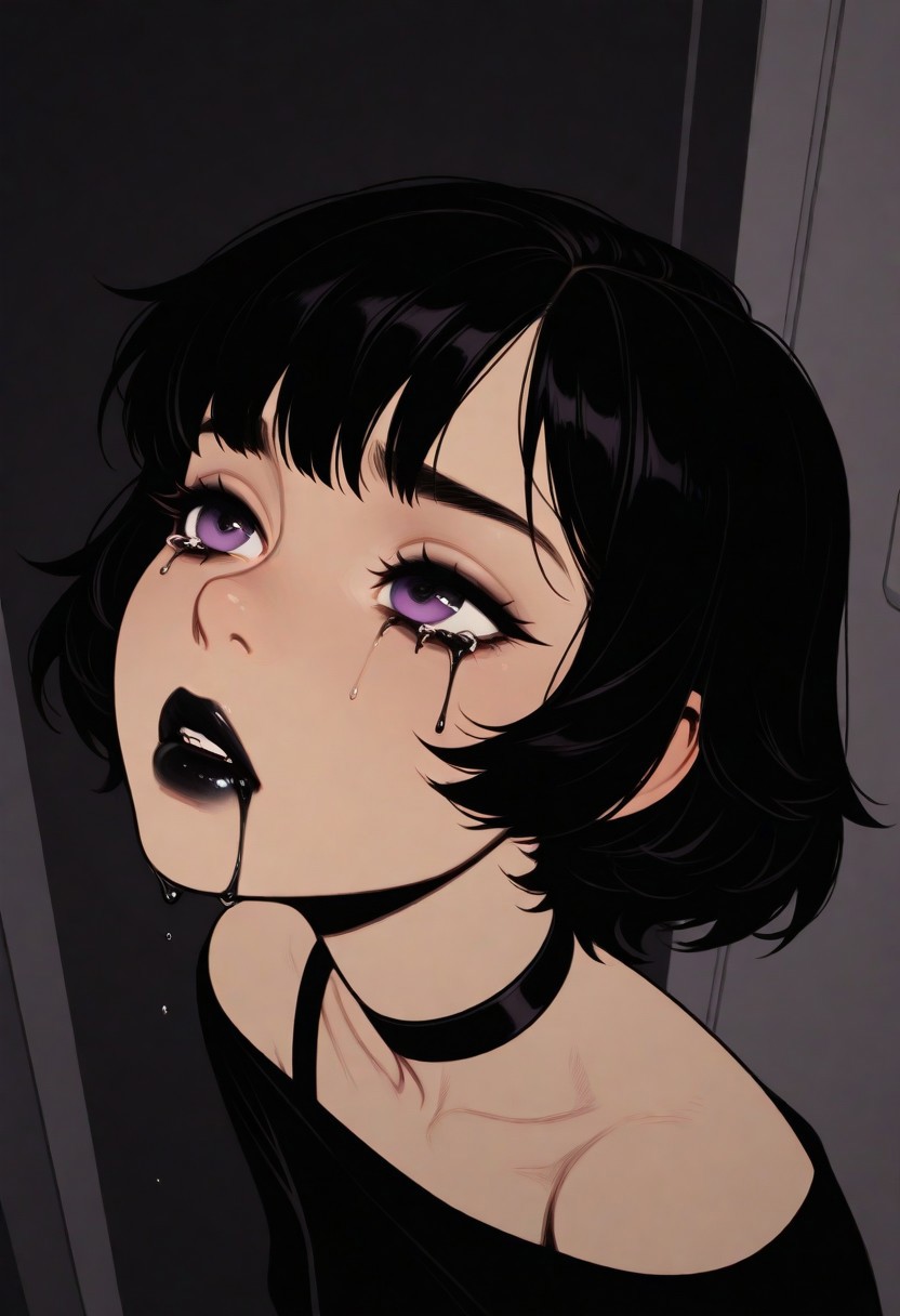HDR, 8K, high contrast, masterpiece, best quality, amazing quality, very aesthetic, realistic, newest, volumetric lighting, (artist:incase:0.5), (artist:tsuaii:0.5), (flat colors:2), ultra detailed,
1girl,  purple eyes, black hair, wolf cut hair, shoulder length hair, short hair, goth makeup, goth look, black choker, dark makeup, mascara tears, black mascara, black lipstick, dripping lipstick, rogue clothes, stealthy assassin, curvy, Expressiveh
dynamic angle,