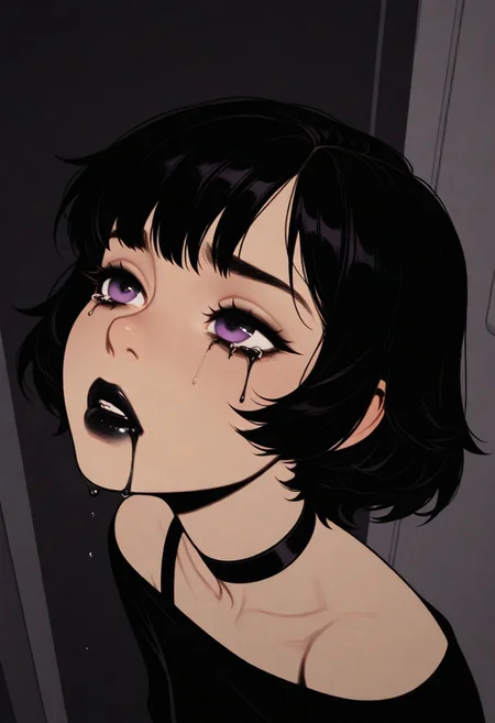 HDR, 8K, high contrast, masterpiece, best quality, amazing quality, very aesthetic, realistic, newest, volumetric lighting, (artist:incase:0.5), (artist:tsuaii:0.5), (flat colors:2), ultra detailed,
1girl,  purple eyes, black hair, wolf cut hair, shoulder length hair, short hair, goth makeup, goth look, black choker, dark makeup, mascara tears, black mascara, black lipstick, dripping lipstick, rogue clothes, stealthy assassin, curvy, Expressiveh
dynamic angle,