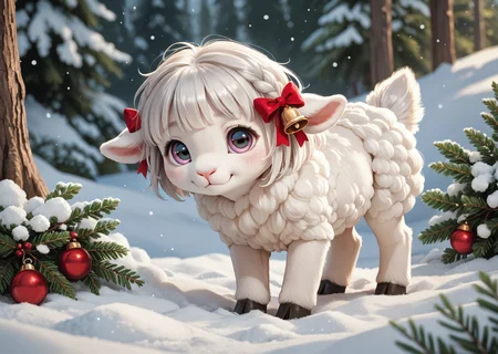 score_9, score_8_up, score_7_up, score_6_up, score_5_up, score_4_up, detailed, realistic, illustration, 8k, fluffy sheep wearing christmas bells in a snowy meadow (cute furry feral:1.2), source_furry <lora:Animal_Christmas:0.8> animal christmas