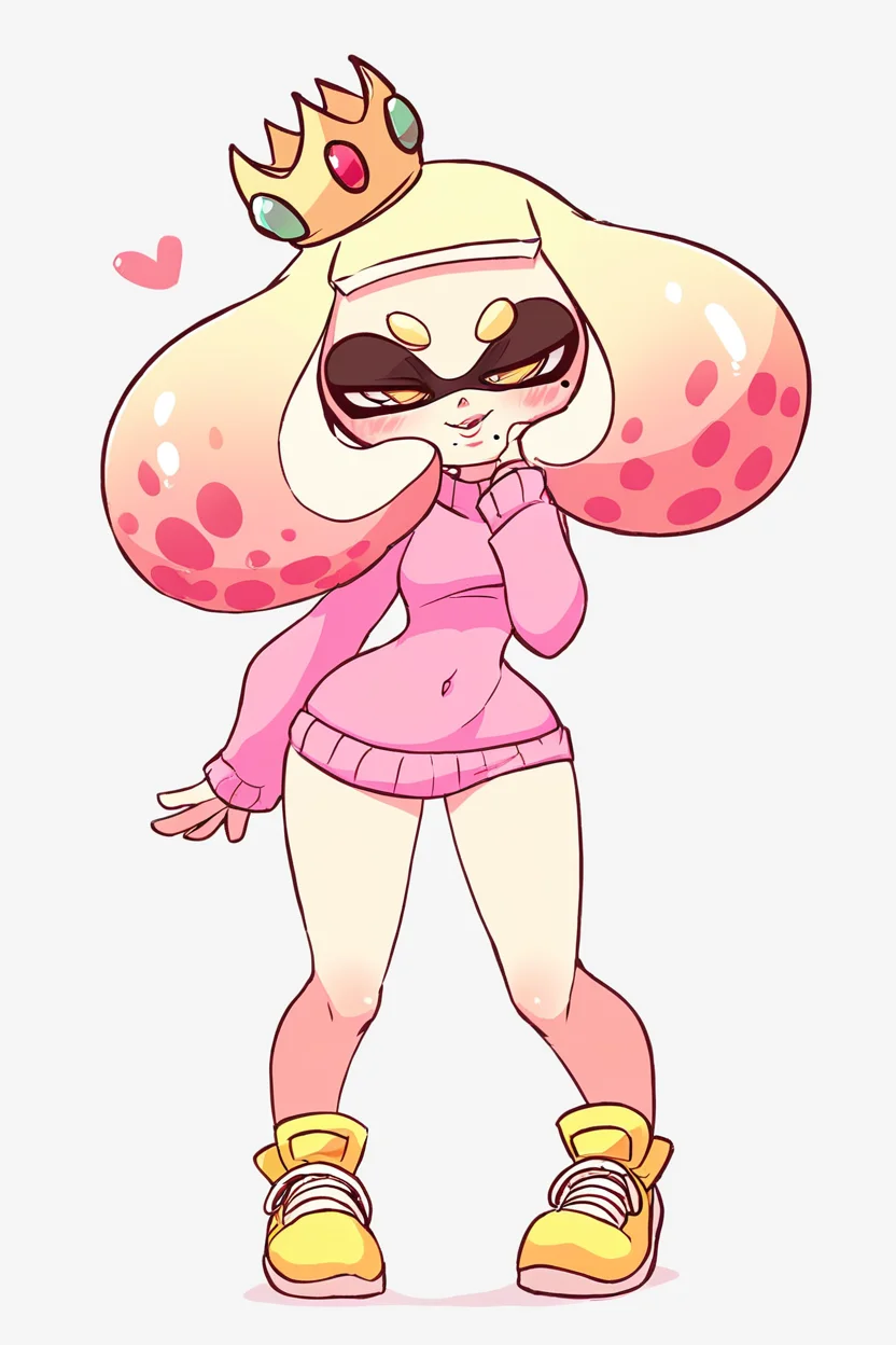 score_9, score_8_up, score_8, medium breasts, (curvy), cute, eyelashes, +_+, 1girl, blush, breasts, crown, domino mask, full body, gradient hair, half-closed eyes, happy, heart, long sleeves, looking at viewer, mask, mole, mole under mouth, multicolored hair, sweater, navel, nintendo, oversized clothes, pearl (splatoon), pigeon-toed, pink hair, pink sweater, shoes, short hair, simple background, small breasts, smile, solo, splatoon (series), splatoon 2, standing, sweater, tentacle hair, tentacles, white background, wink, yellow eyes, <lora:Diives_P1:0.9>,