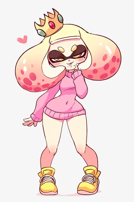 score_9, score_8_up, score_8, medium breasts, (curvy), cute, eyelashes,     +_+, 1girl, blush, breasts, crown, domino mask,  full body, gradient hair, half-closed eyes, happy, heart, long sleeves, looking at viewer, mask, mole, mole under mouth, multicolored hair, sweater, navel, nintendo, oversized clothes, pearl (splatoon), pigeon-toed, pink hair, pink sweater, shoes, short hair, simple background, small breasts, smile, solo, splatoon (series), splatoon 2, standing, sweater, tentacle hair, tentacles, white background, wink, yellow eyes,   <lora:Diives_P1:0.9>,