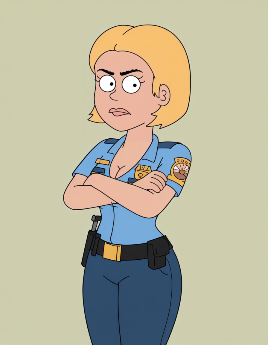 <lora:GinaJabowskiIllustrios1.0JLFO:1> ginaj, 1girl, blonde hair, short hair, breasts, solo, cleavage, uniform, police uniform, pants, belt, looking at viewer, cowboy shot,simple background, crossed arms,