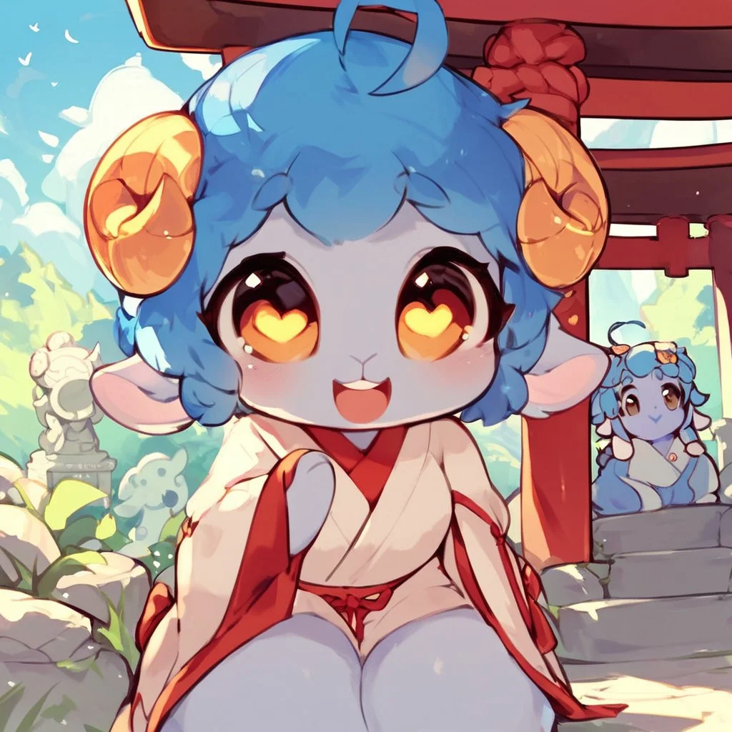 score_9, score_8_up, score_7_up, Chelsi, sheep, blue hair, ahoge, 1 girl, thick thighs, cute, stone statue, looking at viewer, happy, smiling, peaceful expression, outside of a shrine,