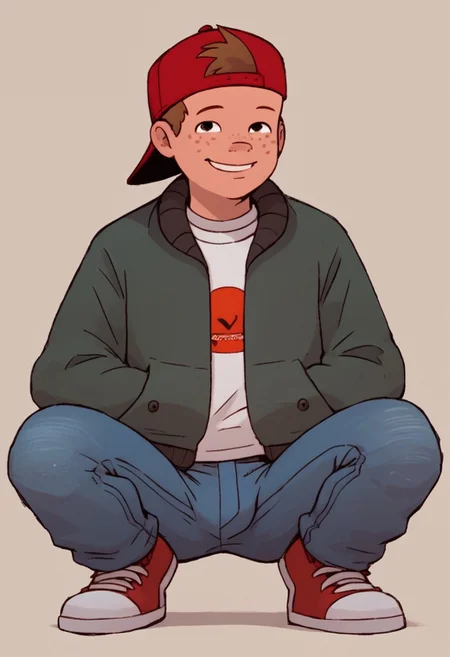 score_9, score_8, score_7, looking at viewer, bluejeans, smile, red hat, backwards hat, shirt, jacket, brown hair, freckles, 1boy, solo, full body,  squatting, Bulge,