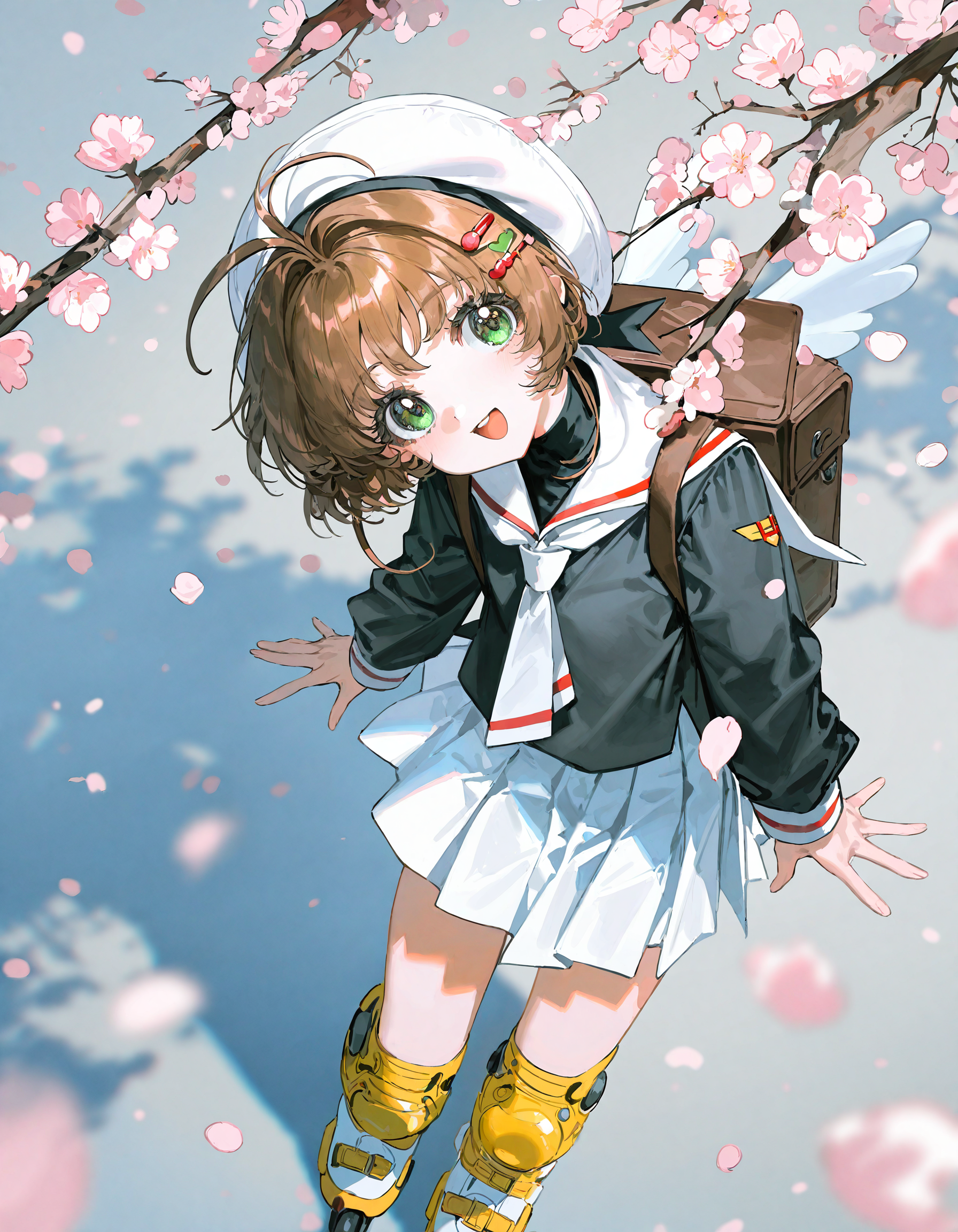 yoneyama mai, rella,  quasarcake:0.7, rolua, optical illusion, negative space, retro_artstyle, retro,
masterpiece, highres, absurdres, newest,
roller skates, 1girl, brown hair, kinomoto sakura, white skirt, inline skates, skates, tomoeda elementary school uniform, cherry blossoms, school uniform, skirt, green eyes, white headwear, bag, backpack, open mouth, hat, 1990s (style), petals, short hair, smile,  pleated skirt, hair bobbles, :d, knee pads, bangs, looking at viewer, serafuku, antenna hair, hair ornament,  black shirt, wings, long sleeves, neckerchief, sailor collar, outdoors, shirt, day, looking at viewer, head up, head tilt,from above,
, simple background,
 <lora:ponyv4_noob1_2_adamW:0.5>,
