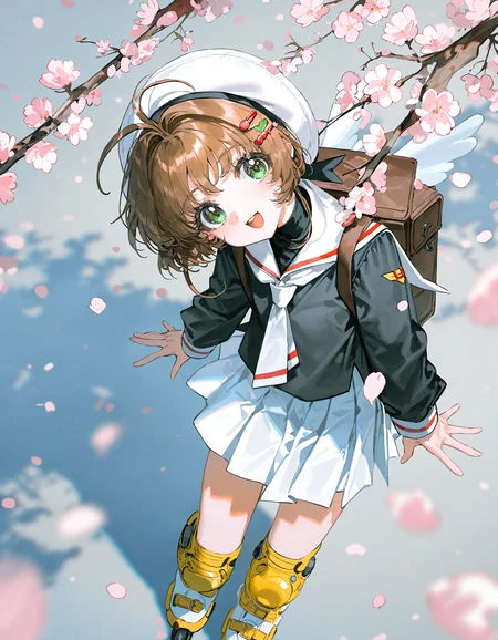 yoneyama mai, rella, quasarcake:0.7, rolua, optical illusion, negative space, retro_artstyle, retro,
masterpiece, highres, absurdres, newest,
roller skates, 1girl, brown hair, kinomoto sakura, white skirt, inline skates, skates, tomoeda elementary school uniform, cherry blossoms, school uniform, skirt, green eyes, white headwear, bag, backpack, open mouth, hat, 1990s (style), petals, short hair, smile, pleated skirt, hair bobbles, :d, knee pads, bangs, looking at viewer, serafuku, antenna hair, hair ornament, black shirt, wings, long sleeves, neckerchief, sailor collar, outdoors, shirt, day, looking at viewer, head up, head tilt,from above,
, simple background,
<lora:ponyv4_noob1_2_adamW:0.5>,