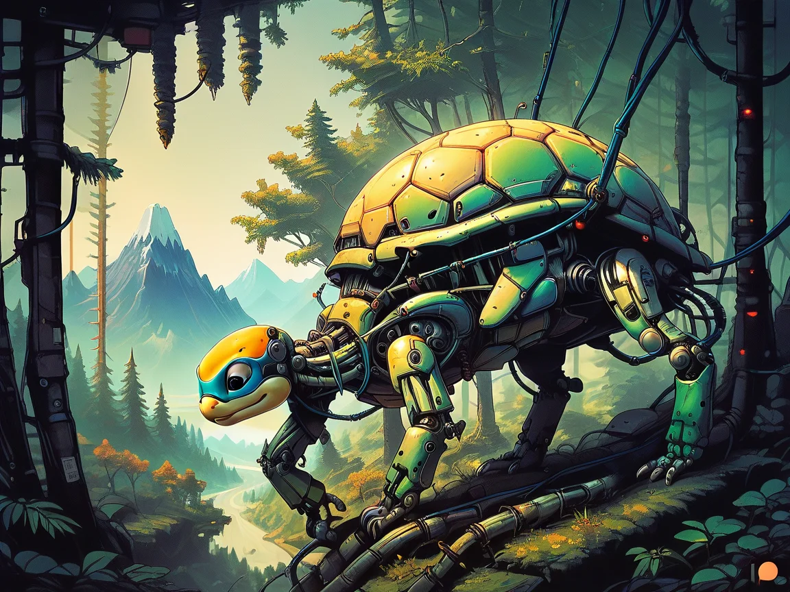 score_9, score_8_up, score_7_up, score_6_up, <lora:cyb0rgXLP:0.8> cyb0rg, science fiction, cable, mechanical parts, forest, scenery, mountains, turtle, feral