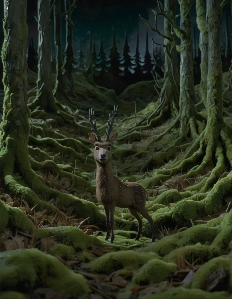 stopmotion, a Musk deer in Mossy Forest landscape at Small hours <lora:STOPMO_1.12_RC:0.9>