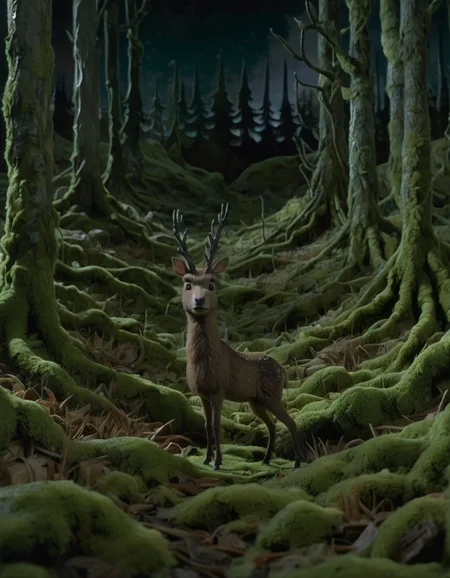 stopmotion, a Musk deer in Mossy Forest landscape at Small hours <lora:STOPMO_1.12_RC:0.9>