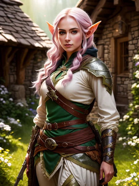 modelshoot style, award winning digital art of an elven ranger woman, fully clothed, in a fantasy village, d&d, masterpiece, best quality, high contrast, soft lighting, backlighting, bloom, light sparkles, chromatic aberration, smooth, sharp focus