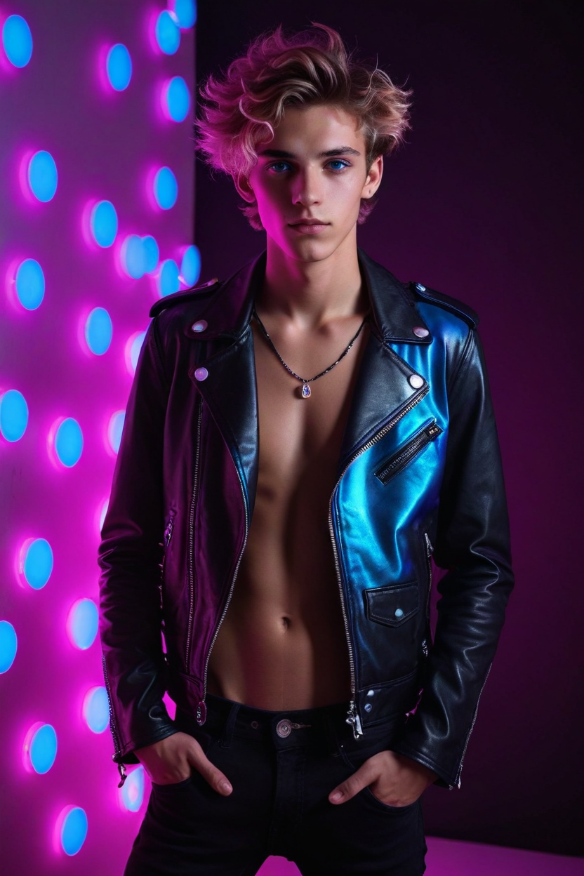 19yo (psychedelic dreamland rave:1.4) skinny male model twink (candyland:1.4), pink, wild hair, smooth, open leather jacket, slim waist, iliac lines, (neon lighting:1.1), light-blue-eyes, (Chiaroscuro, Filmgrain, Cinematic LUT), <lora:sdxl_lightning_8step_lora:1>