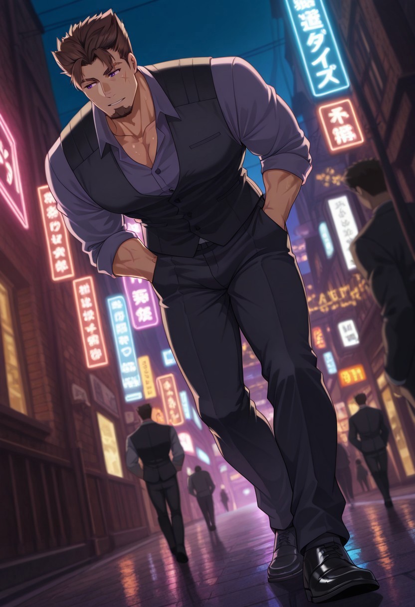 masterpiece, best quality, amazing quality, very aesthetic, high resolution, ultra-detailed, absurdres, newest, scenery, colorful, shiny skin, countershading, w0lfc0nf, BREAK, 1boy, solo,male focus, male, manly, mature, Laios, goatee, purple eyes, brown hair, eyebrow scar,  BREAK, rating_questionable, dark
environoment, dark, neon lighting,
glowing, hiphop theme, male focus,
leaning forward, looking away,formal suit, vest, shirt, trousers, men's shoes, 1boy, blurry
outdoors city street, cityscape,
scenery, from below, dutch angle,
intricately detailed illustration,
atmospheric perspective, depth of
field