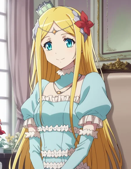 score_9, score_8_up, score_7_up, source_anime,
rennertheierechardelonrylevaiself, <lora:renner-theiere-chardelon-ryle-vaiself-ponyxl-lora-nochekaiser:1>,
renner theiere chardelon ryle vaiself, long hair, blue eyes, blonde hair, hair ornament, very long hair, flower, hair flower, smile,
long sleeves, dress, jewelry, puffy sleeves, necklace, blue dress, crown, princess, frills,
indoors,
looking at viewer, cowboy shot, dutch angle,