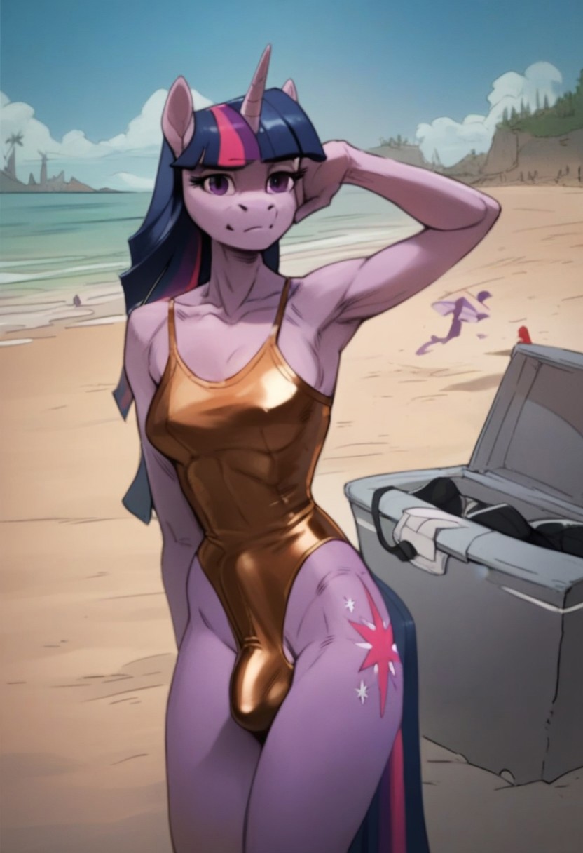 score_9, score_8_up, score_7_up, score_6_up, score_5_up, score_4_up, mab_style, anthro, twilight sparkle, leotard, beach, erection under clothes, futanari