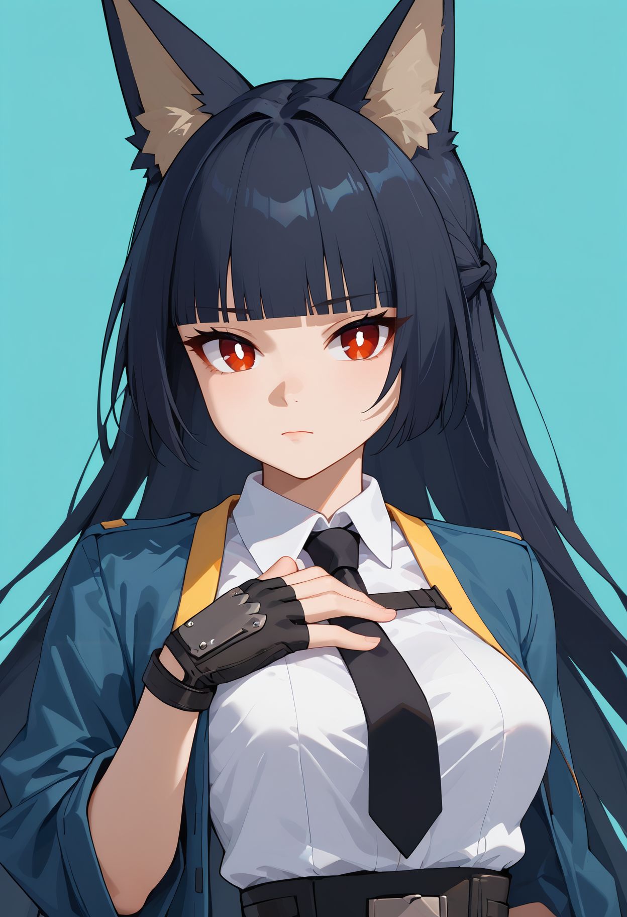 score_9,score_8_up,score_7_up, <lora:hoshimi_miyabi_zzz_pdxl_goofy:1>miyabizzz, 1girl, fingerless gloves, black necktie, black gloves, medium breasts, white shirt, looking at viewer, upper body, black skirt, collared shirt, closed mouth, hand on own chest, bright pupils, white pupils, open clothes, two-tone background, aqua background, simple background, hand up, blue jacket, blunt bangs
