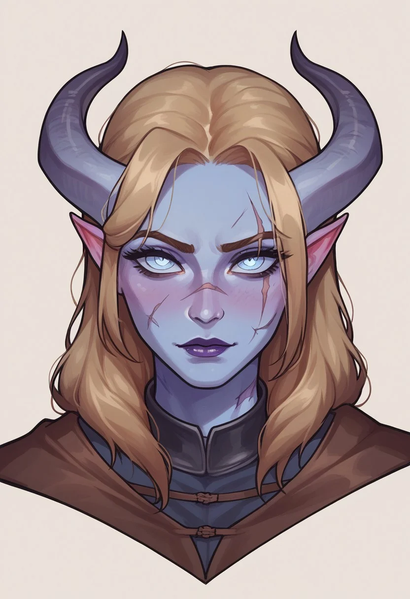 score_9, score_8_up, score_7_up, score_6_up, score_5_up, score_4_up, eye contact, looking at viewer, source_anime, naughty traditional art, lineart, DC, tiefling woman, (dirty blonde hair), demon horns, blue skin, cute face, attractive face, pretty face, rating_questionable, zPDXL, medieval, knight lady, upper body portrait, scar over left eye,