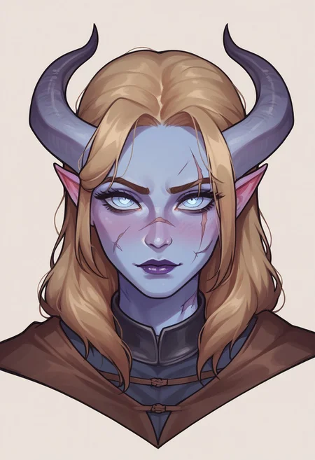 score_9, score_8_up, score_7_up, score_6_up, score_5_up, score_4_up, eye contact, looking at viewer, source_anime, naughty traditional art, lineart, DC, tiefling woman, (dirty blonde hair), demon horns, blue skin, cute face, attractive face, pretty face, rating_questionable, zPDXL, medieval, knight lady, upper body portrait, scar over left eye,