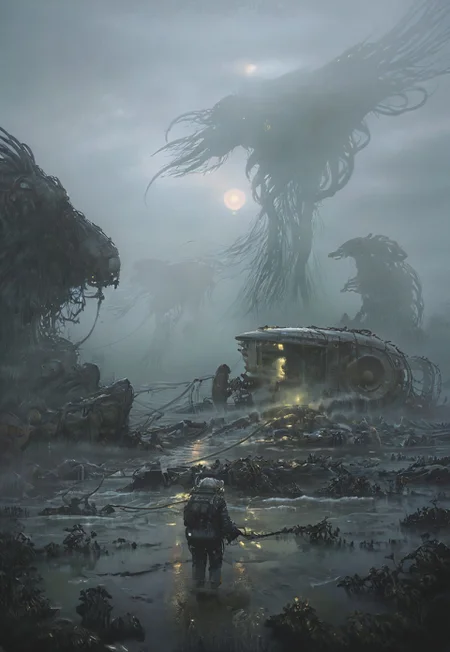 the flood halo, by Peter gric, H.R Giger, Chris Cold, by Florent Desailly, , (((the electric state book by Simon Stalenhag))), , alien race, by Peter gric, H.R Giger, Chris Cold, by Florent Desailly, alien race, horror, post apocalyptic, futuristic, post apocalyptic, (stunning, magnificent, HD, photorealistic, dramatic lighting, intricate details, high detailed biomechanical patterns, powerful, cinematic, masterpiece, aftermath