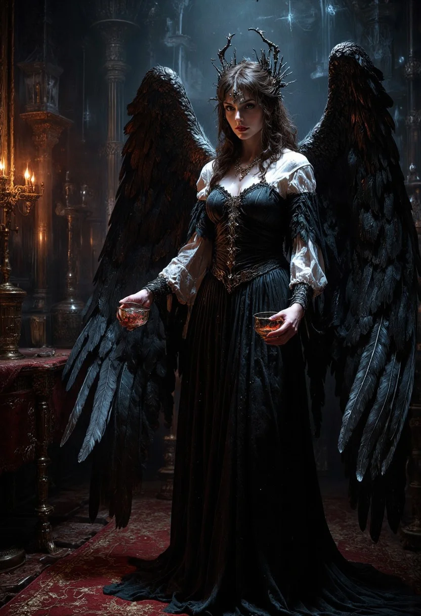 In this captivating cinematic dark fantasy scene, the Angel of Temptation stands tall in a dimly lit, opulent chamber. The angel is adorned with luxurious feathers on their corrupted wings, exuding a sultry, sensual energy. Their captivating eyes lock with the viewer, casting a dangerous and alluring gaze. The angel's hands are poised seductively, holding a small decadent chalice filled with a mysterious, swirling liquid. The background reveals a room filled with forbidden treasures, exuding a sense of deceit and danger. The overall atmosphere of the image is eerie and mesmerizing, luring the viewer into the Angel of Temptation's sinister web., cinematic