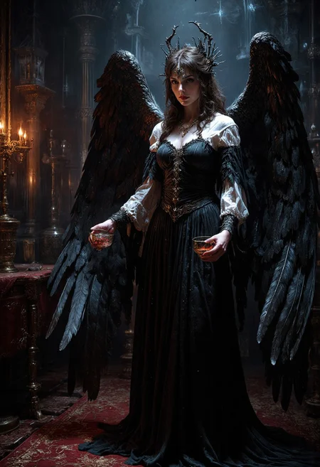 In this captivating cinematic dark fantasy scene, the Angel of Temptation stands tall in a dimly lit, opulent chamber. The angel is adorned with luxurious feathers on their corrupted wings, exuding a sultry, sensual energy. Their captivating eyes lock with the viewer, casting a dangerous and alluring gaze. The angel's hands are poised seductively, holding a small decadent chalice filled with a mysterious, swirling liquid. The background reveals a room filled with forbidden treasures, exuding a sense of deceit and danger. The overall atmosphere of the image is eerie and mesmerizing, luring the viewer into the Angel of Temptation's sinister web., cinematic