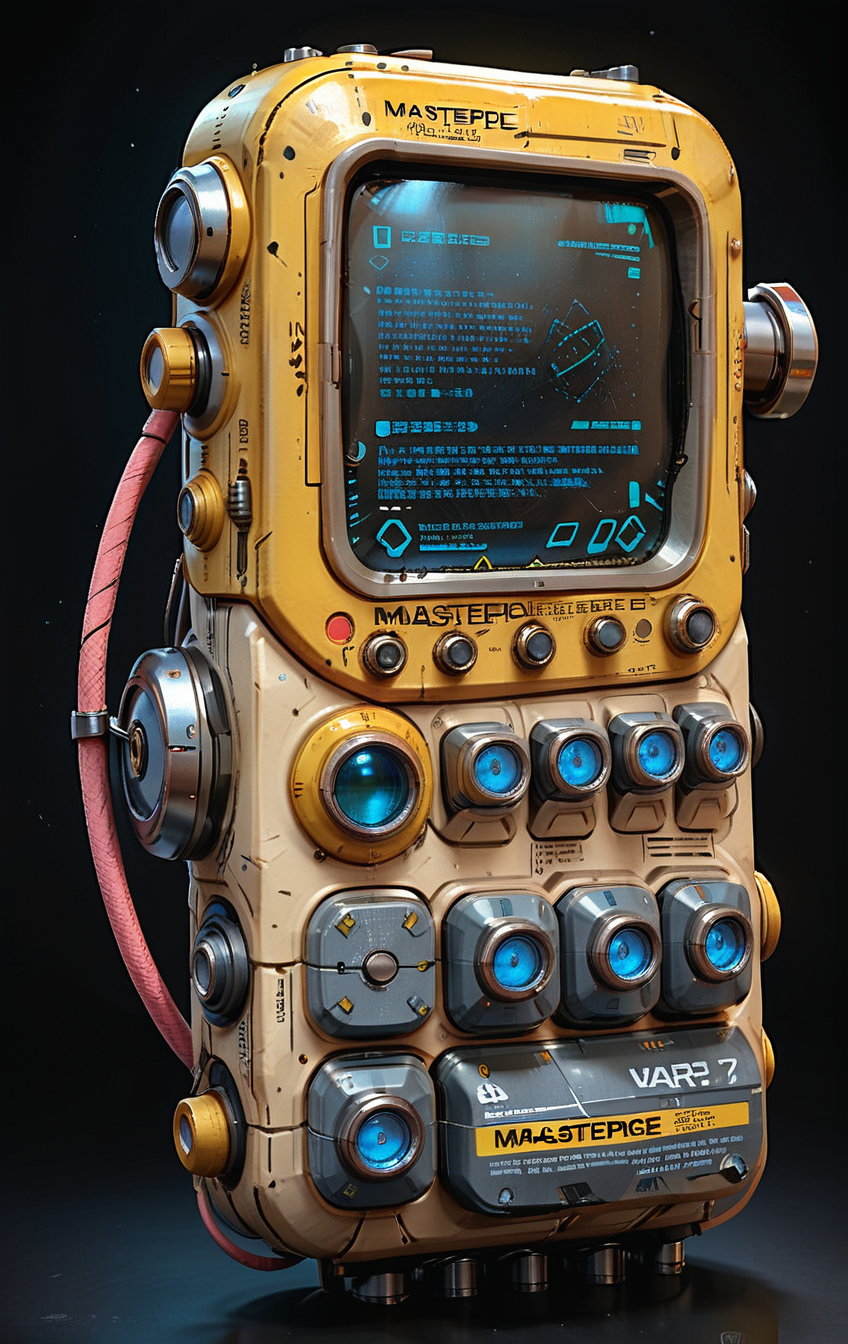 (in ARTIST style:1.4), (masterpiece:1.7),
cute 1girl with (science fiction texture, science fiction skin, science fiction, someplastic, no humans, black background, simple background, phone, still life, cable, screen, cellphone, english text, old style, old phone, device, wearable item) armour, tiny waist,
(masterpiece:1.8), (highest detailed:1.8), (angle:1.8), perfectly lighted, (contrast), (saturated), (((sharp focus))),
(hyperdetailed:1.3), (intricate details:1.2), (Refined details:1.3), (best quality:1.5), highly detailed textures, vibrant colors,
<lora:add-detail-xl:1> (ultra sharp focus:1.8), (detailed skin:1.8), (detailed windows:1.8), (thin lines:1.8), (best quality:1.8),
<lora:Apparatus_-_Traction_City_Walkers_Vehicles:0.7>,
<lora:Someplastic:1>,