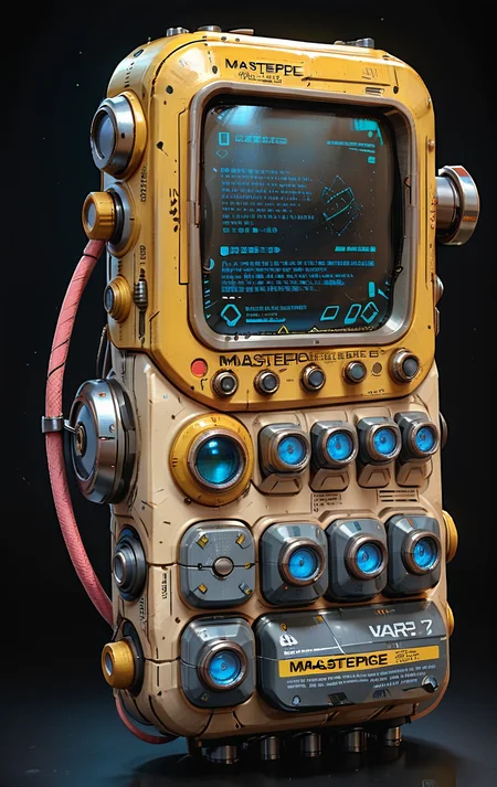 (in ARTIST style:1.4), (masterpiece:1.7),
cute 1girl with (science fiction texture, science fiction skin, science fiction, someplastic, no humans, black background, simple background, phone, still life, cable, screen, cellphone, english text, old style, old phone, device, wearable item) armour, tiny waist,
(masterpiece:1.8), (highest detailed:1.8), (angle:1.8), perfectly lighted, (contrast), (saturated), (((sharp focus))),
(hyperdetailed:1.3), (intricate details:1.2), (Refined details:1.3), (best quality:1.5), highly detailed textures, vibrant colors,
<lora:add-detail-xl:1> (ultra sharp focus:1.8), (detailed skin:1.8), (detailed windows:1.8), (thin lines:1.8), (best quality:1.8),
<lora:Apparatus_-_Traction_City_Walkers_Vehicles:0.7>,
<lora:Someplastic:1>,