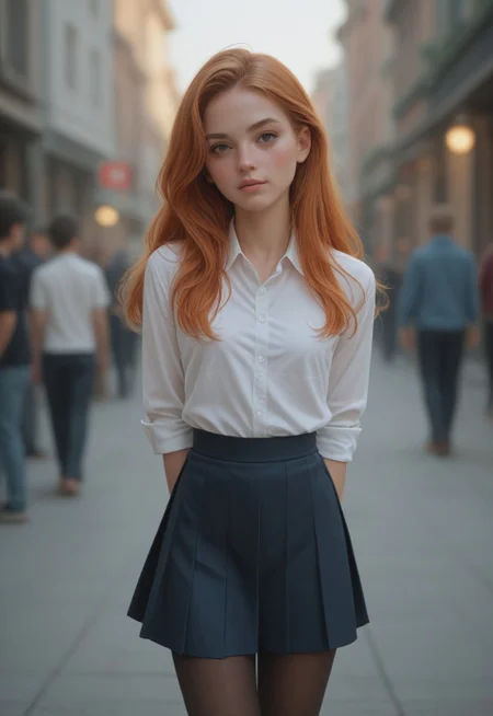 safe_pos, score_9_up, scorscore_9_up, score_8_up, score_7_up, 1girl, young, pretty face, bellissima, sexy, flowing ginger hair, skirt, pantyhose, blush, hands behind back, depth of field.

