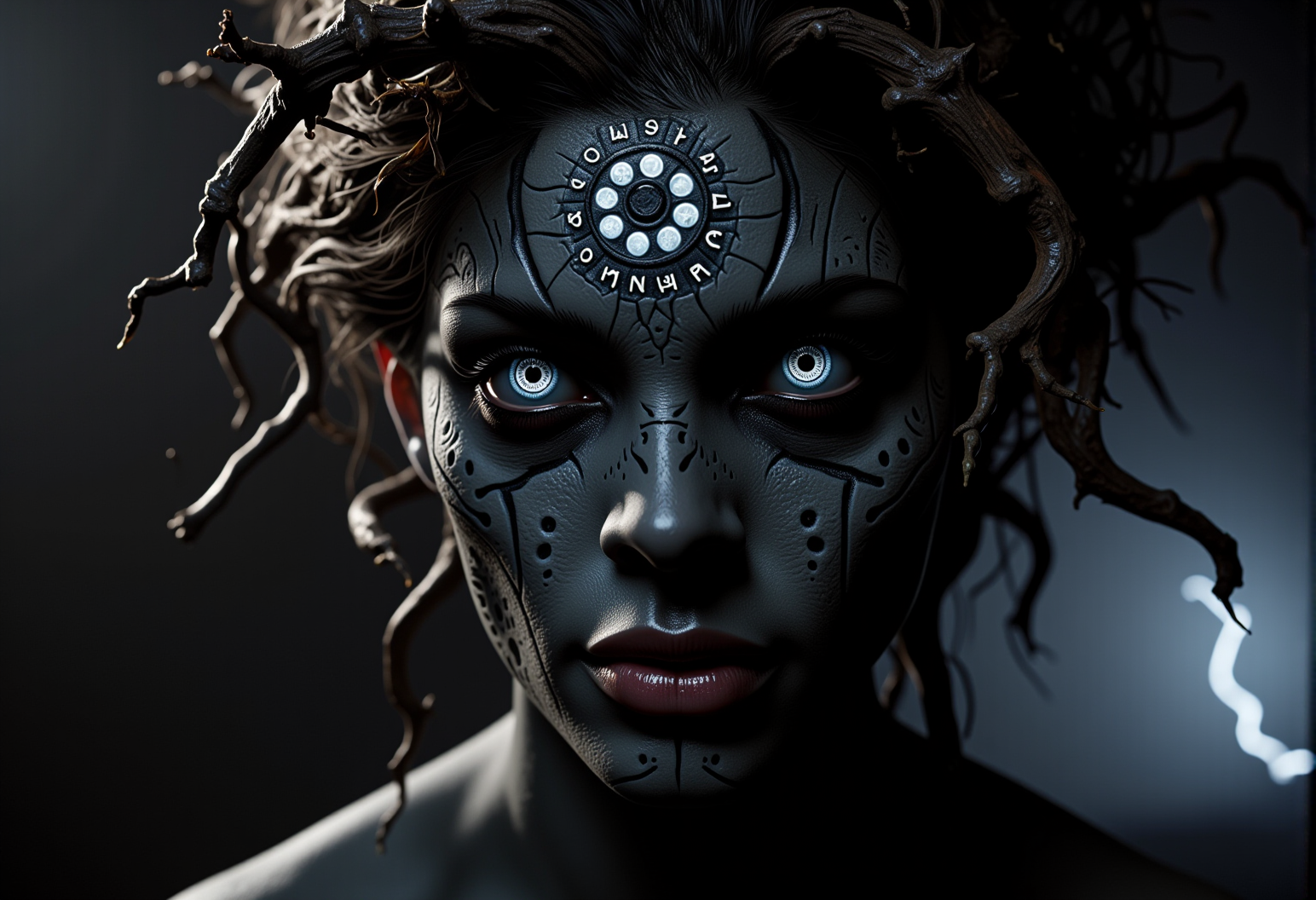 . A close-up shot of a haunted banshee, seen from the side highlighting the intricate runes carved into her face, her hair wild and tangled, with fragments of bone and dried leaves woven in, her skin showing cracks along her cheeks and forehead with dark, pulsing light emanating from within, lit by the cold flashes of distant lightning, briefly illuminating her eyes with an unsettling gleam, <lora:bv-demonic-skin-runes.safetensors:0.7000000000000001:0.7000000000000001>